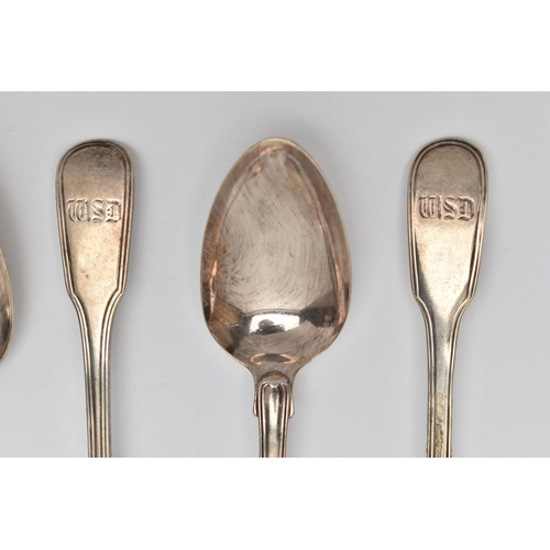 165 - A MATCHED SET OF SIX LATE GEORGIAN SILVER FIDDLE AND THREAD PATTERN DESSERT SPOONS, engraved initial... 