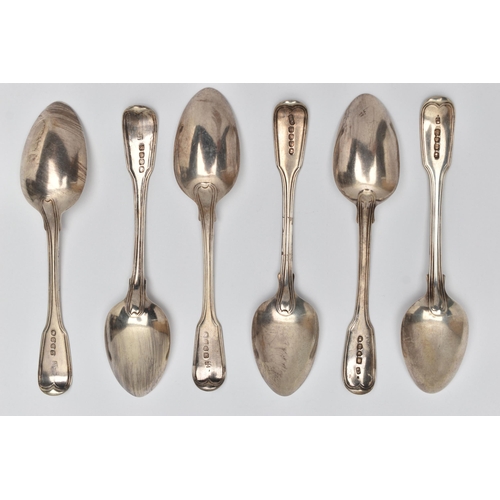 165 - A MATCHED SET OF SIX LATE GEORGIAN SILVER FIDDLE AND THREAD PATTERN DESSERT SPOONS, engraved initial... 