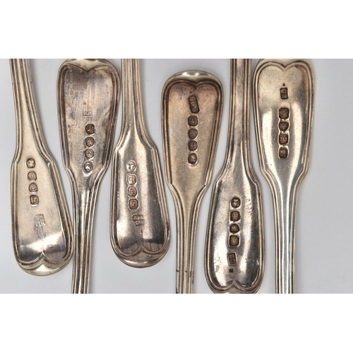 165 - A MATCHED SET OF SIX LATE GEORGIAN SILVER FIDDLE AND THREAD PATTERN DESSERT SPOONS, engraved initial... 