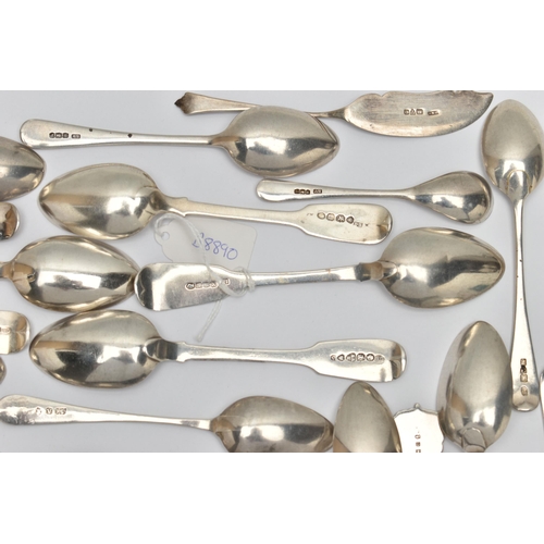 166 - A BAG OF ASSORTED 18TH, 19TH AND 20TH CENTURY SILVER TEASPOONS AND A BUTTER KNIFE, various patterns,... 