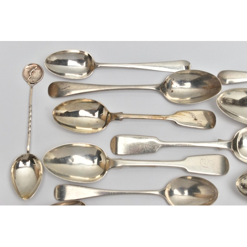 166 - A BAG OF ASSORTED 18TH, 19TH AND 20TH CENTURY SILVER TEASPOONS AND A BUTTER KNIFE, various patterns,... 