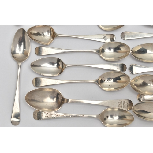 166 - A BAG OF ASSORTED 18TH, 19TH AND 20TH CENTURY SILVER TEASPOONS AND A BUTTER KNIFE, various patterns,... 