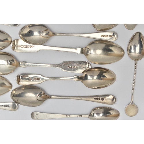 166 - A BAG OF ASSORTED 18TH, 19TH AND 20TH CENTURY SILVER TEASPOONS AND A BUTTER KNIFE, various patterns,... 