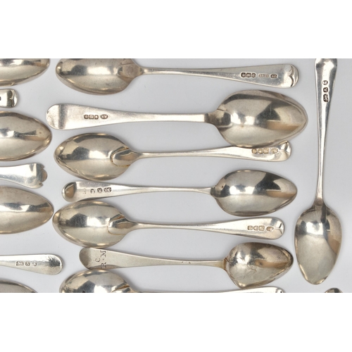 166 - A BAG OF ASSORTED 18TH, 19TH AND 20TH CENTURY SILVER TEASPOONS AND A BUTTER KNIFE, various patterns,... 