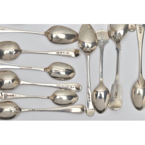 166 - A BAG OF ASSORTED 18TH, 19TH AND 20TH CENTURY SILVER TEASPOONS AND A BUTTER KNIFE, various patterns,... 