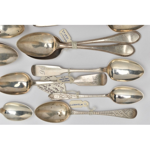 167 - A BAG OF ASSORTED 19TH AND 20TH CENTURY SCOTTISH SILVER TEASPOONS AND CONDIMENT SPOONS ASSAYED IN GL... 