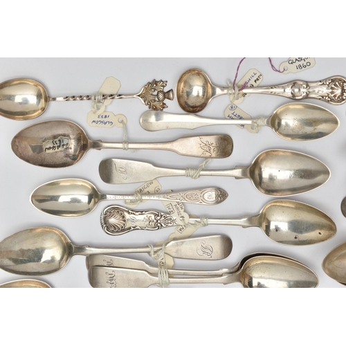 167 - A BAG OF ASSORTED 19TH AND 20TH CENTURY SCOTTISH SILVER TEASPOONS AND CONDIMENT SPOONS ASSAYED IN GL... 