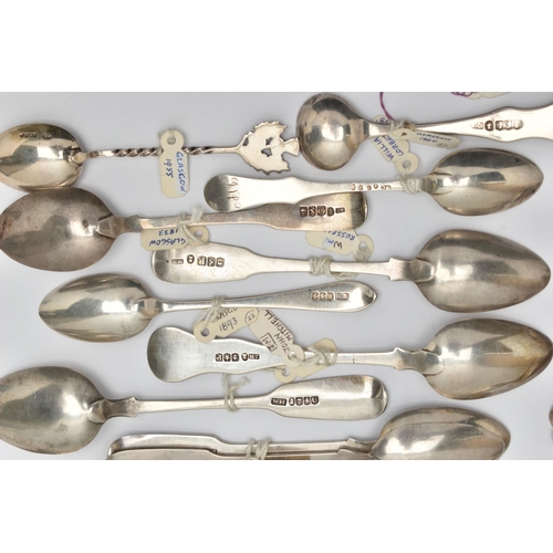 167 - A BAG OF ASSORTED 19TH AND 20TH CENTURY SCOTTISH SILVER TEASPOONS AND CONDIMENT SPOONS ASSAYED IN GL... 