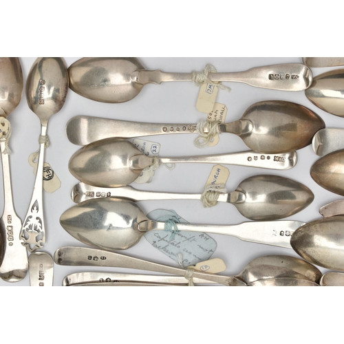 168 - A BAG OF ASSORTED 18TH, 19TH AND 20TH CENTURY SCOTTISH SILVER TEASPOONS AND CONDIMENT SPOONS ASSAYED... 