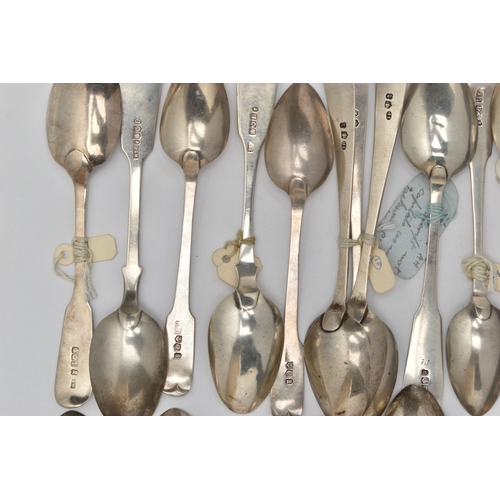 168 - A BAG OF ASSORTED 18TH, 19TH AND 20TH CENTURY SCOTTISH SILVER TEASPOONS AND CONDIMENT SPOONS ASSAYED... 