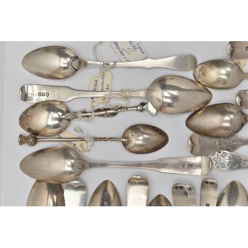 168 - A BAG OF ASSORTED 18TH, 19TH AND 20TH CENTURY SCOTTISH SILVER TEASPOONS AND CONDIMENT SPOONS ASSAYED... 