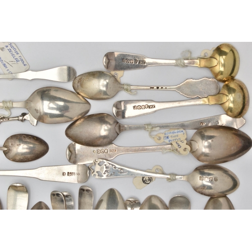 168 - A BAG OF ASSORTED 18TH, 19TH AND 20TH CENTURY SCOTTISH SILVER TEASPOONS AND CONDIMENT SPOONS ASSAYED... 