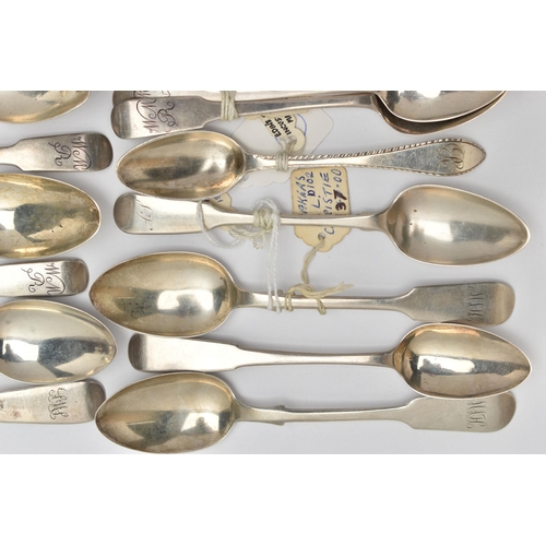 168 - A BAG OF ASSORTED 18TH, 19TH AND 20TH CENTURY SCOTTISH SILVER TEASPOONS AND CONDIMENT SPOONS ASSAYED... 