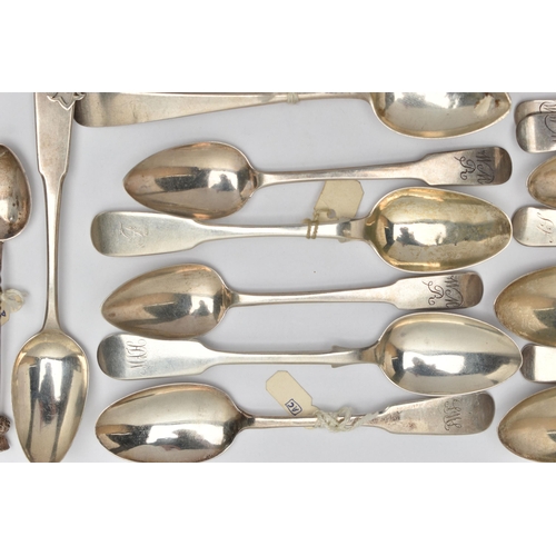 168 - A BAG OF ASSORTED 18TH, 19TH AND 20TH CENTURY SCOTTISH SILVER TEASPOONS AND CONDIMENT SPOONS ASSAYED... 