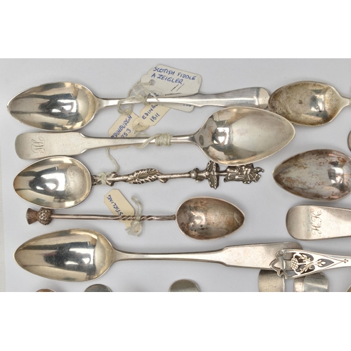 168 - A BAG OF ASSORTED 18TH, 19TH AND 20TH CENTURY SCOTTISH SILVER TEASPOONS AND CONDIMENT SPOONS ASSAYED... 