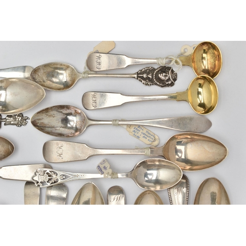 168 - A BAG OF ASSORTED 18TH, 19TH AND 20TH CENTURY SCOTTISH SILVER TEASPOONS AND CONDIMENT SPOONS ASSAYED... 