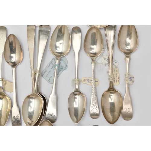 168 - A BAG OF ASSORTED 18TH, 19TH AND 20TH CENTURY SCOTTISH SILVER TEASPOONS AND CONDIMENT SPOONS ASSAYED... 