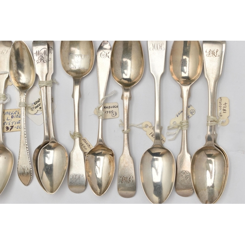 168 - A BAG OF ASSORTED 18TH, 19TH AND 20TH CENTURY SCOTTISH SILVER TEASPOONS AND CONDIMENT SPOONS ASSAYED... 