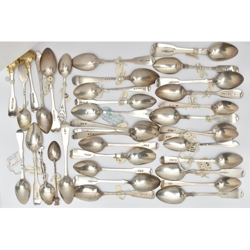 168 - A BAG OF ASSORTED 18TH, 19TH AND 20TH CENTURY SCOTTISH SILVER TEASPOONS AND CONDIMENT SPOONS ASSAYED... 