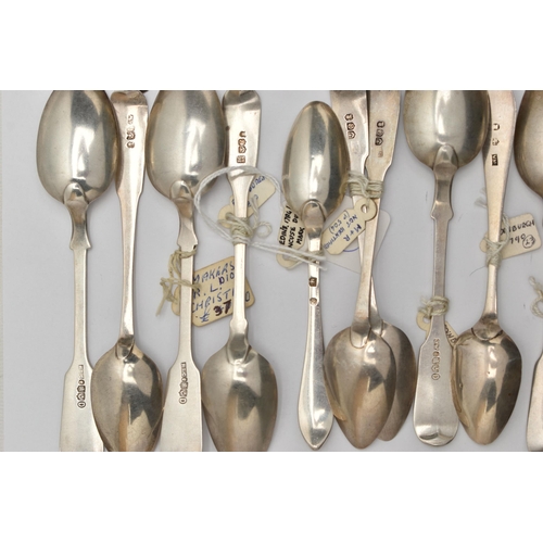 168 - A BAG OF ASSORTED 18TH, 19TH AND 20TH CENTURY SCOTTISH SILVER TEASPOONS AND CONDIMENT SPOONS ASSAYED... 