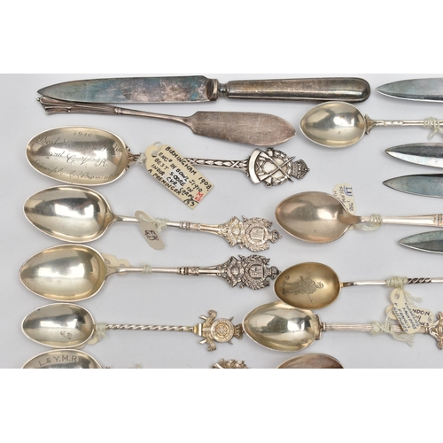 169 - TWENTY THREE HALLMARKED SILVER TEASPOONS WITH REGIMENTAL BADGES, RIFLE SHOOTING PRIZES, ETC AND A SM... 