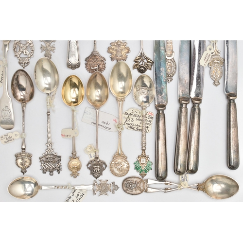 169 - TWENTY THREE HALLMARKED SILVER TEASPOONS WITH REGIMENTAL BADGES, RIFLE SHOOTING PRIZES, ETC AND A SM... 