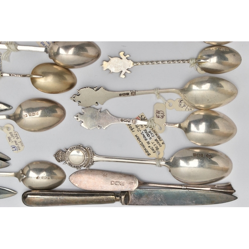 169 - TWENTY THREE HALLMARKED SILVER TEASPOONS WITH REGIMENTAL BADGES, RIFLE SHOOTING PRIZES, ETC AND A SM... 