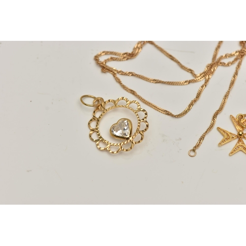 20 - AN ASSORTMENT OF YELLOW METAL JEWELLERY, to include a yellow metal filagree Maltese cross pendant, b... 