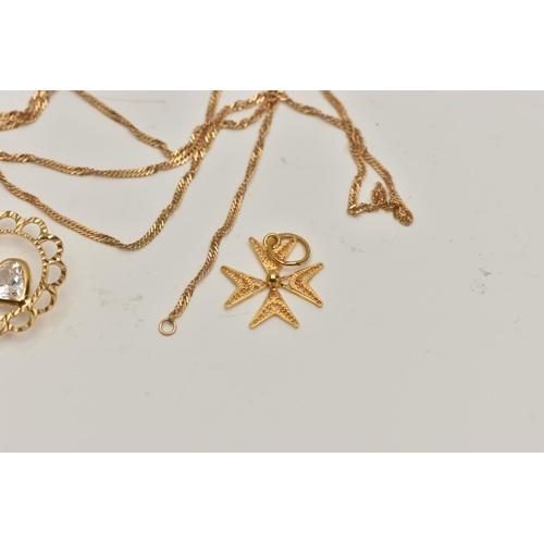 20 - AN ASSORTMENT OF YELLOW METAL JEWELLERY, to include a yellow metal filagree Maltese cross pendant, b... 