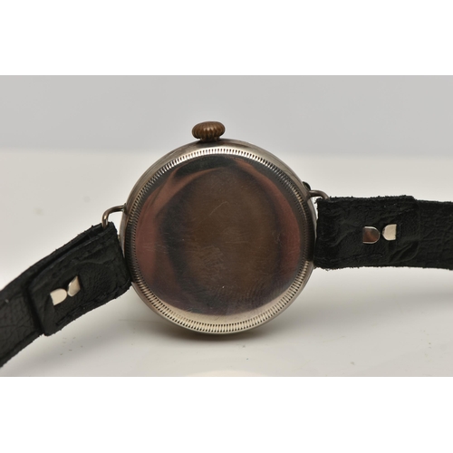 27 - A GENTS WWI SILVER HALF HUNTER 'ROLEX' TRENCH WRISTWATCH, manual wind, outer case with a black Arabi... 