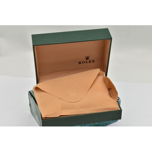 34 - A ROLEX BOX, a green box with embossed logo to the lid, base embossed in gold font 'Montres Rolexs.a... 