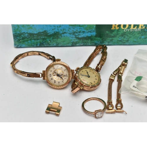 35 - TWO ROLLED GOLD WRIST WATCHES A RING AND ROLEX OUTER BOX, two early 20th century rolled gold ladys w... 