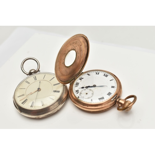 40 - TWO POCKET WATCHES, the first a silver open face pocket watch, key wound movement, unsigned dial, Ro... 