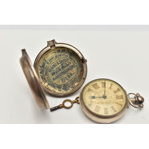 41 - A SILVER OPEN FACE POCKET WATCH AND PAIRING CASE, key wound movement, Roman numerals, subsidiary sec... 