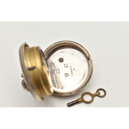 41 - A SILVER OPEN FACE POCKET WATCH AND PAIRING CASE, key wound movement, Roman numerals, subsidiary sec... 