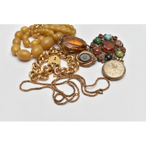 48 - A BAG OF EARLY TO MID 20TH CENTURY JEWELLERY, to include a gold plated onyx brooch, unmarked, a larg... 