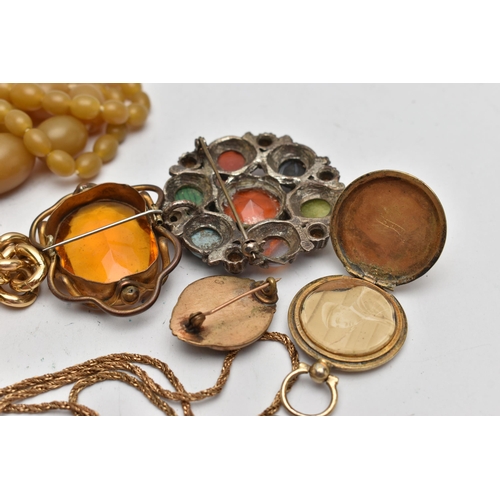 48 - A BAG OF EARLY TO MID 20TH CENTURY JEWELLERY, to include a gold plated onyx brooch, unmarked, a larg... 