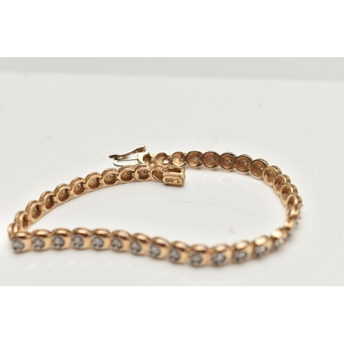 53 - A 9CT GOLD DIAMOND LINE BRACELET, designed as a series of circular links each set with a small round... 