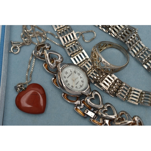 54 - FOUR PIECES OF JEWELERY AND A WRISTWATCH, to include a silver gate bracelet necklace, fitted with a ... 