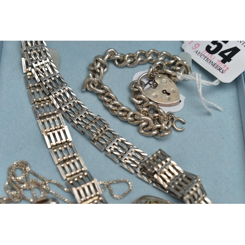 54 - FOUR PIECES OF JEWELERY AND A WRISTWATCH, to include a silver gate bracelet necklace, fitted with a ... 