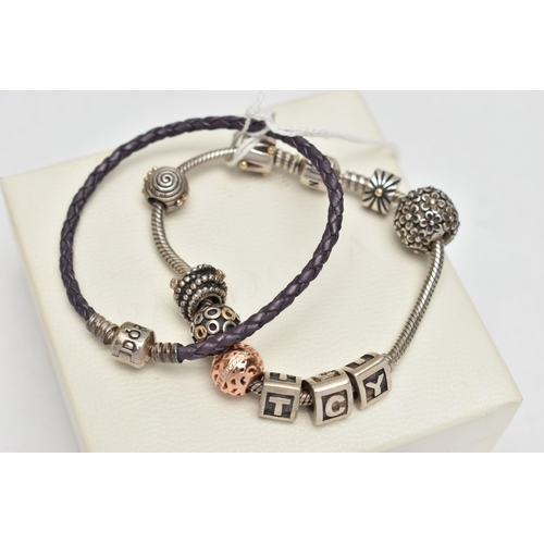 56 - TWO 'PANDORA' BRACELETS, the first a chain bracelet with ten charms each stamped 925 ALE, barrel cla... 