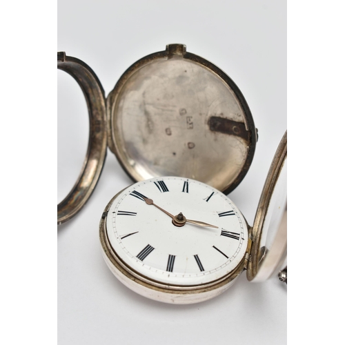 59 - A SILVER PAIR CASED POCKET WATCH, key wound, open face pocket watch, round white dial, Roman numeral... 