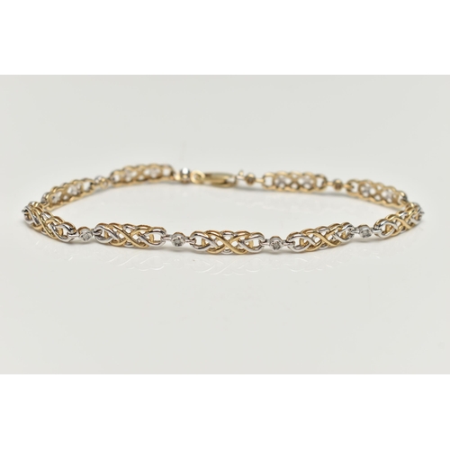 68 - A 9CT GOLD DIAMOND LINE BRACELET, designed with a series of Celtic pattern open work links, interspa... 