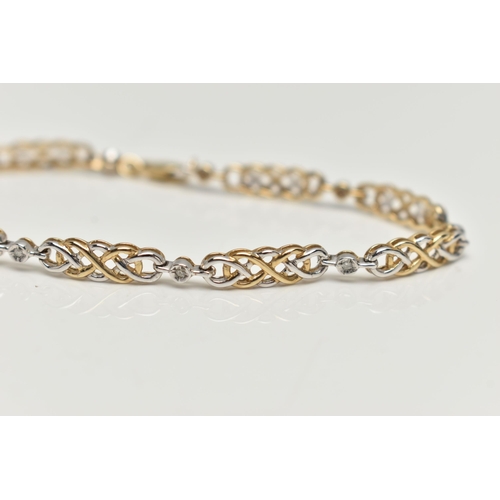 68 - A 9CT GOLD DIAMOND LINE BRACELET, designed with a series of Celtic pattern open work links, interspa... 