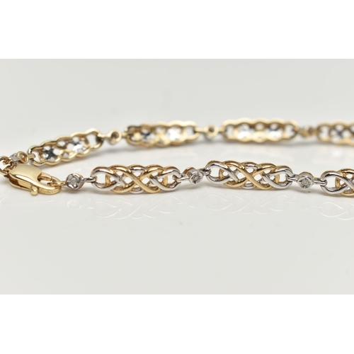 68 - A 9CT GOLD DIAMOND LINE BRACELET, designed with a series of Celtic pattern open work links, interspa... 