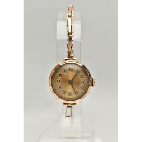 69 - A MID 20TH CENTURY, 9CT GOLD LADYS WRISTWATCH, manual wind, round bi-colour dial, Arabic numerals, b... 