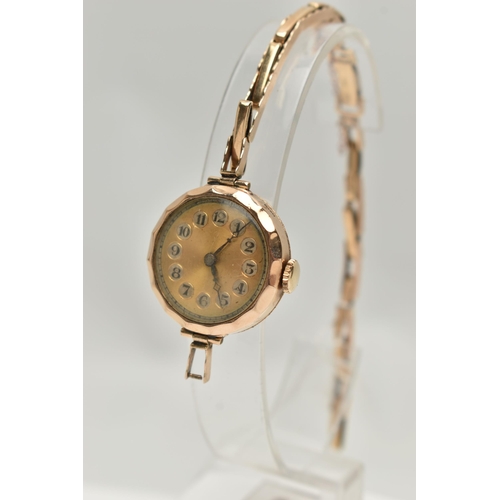 69 - A MID 20TH CENTURY, 9CT GOLD LADYS WRISTWATCH, manual wind, round bi-colour dial, Arabic numerals, b... 