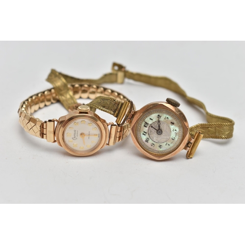 72 - TWO 9CT GOLD CASED WRISTWATCHES, two ladys watches, the first AF, manual wind, round mother of pearl... 