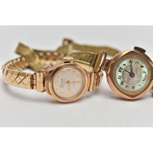 72 - TWO 9CT GOLD CASED WRISTWATCHES, two ladys watches, the first AF, manual wind, round mother of pearl... 