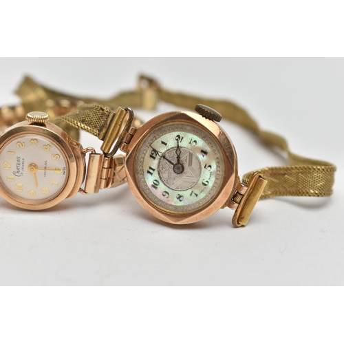 72 - TWO 9CT GOLD CASED WRISTWATCHES, two ladys watches, the first AF, manual wind, round mother of pearl... 